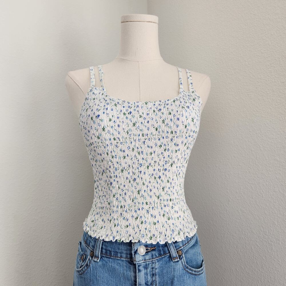 Y2K Fashion Web Smocked Floral Cotton Cami Tank Top Cropped Cottagecore XS